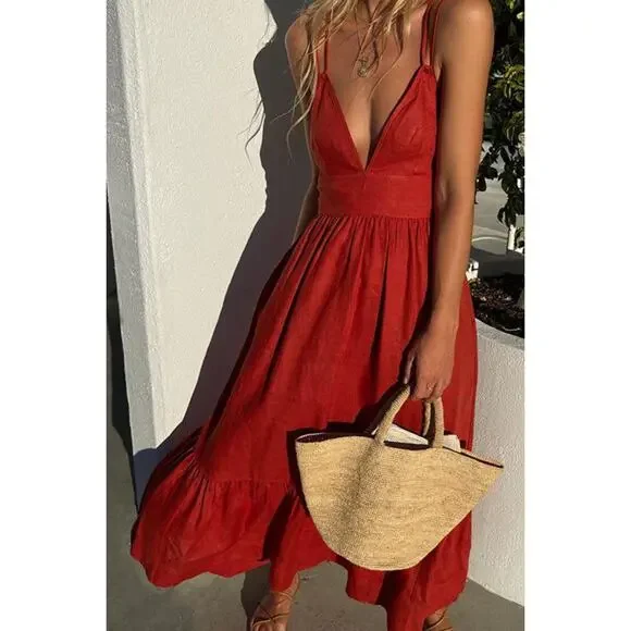 B51 Posse Lotus Linen Maxi Dress Small Red Flowy Sundress Resort Spaghetti Strap - Picture 2 of 9